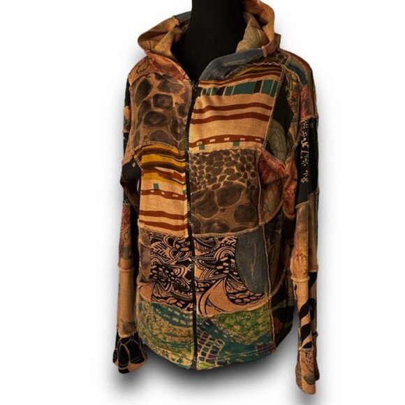 Boho Hoodie Patchwork Hooded Cardigan Cotton Zip Sweater Exposed Seam Earthtones - Picture 2 of 16